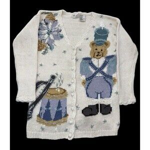 VTG KATHIE LEE Cardigan Women’s 16W HOLIDAY BEAR CHRISTMAS Cable Knit Sweater